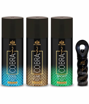 Vi-John Live,Cool,Sports 150ml Each & Cobra 15ml Deodorant Spray & Perfume for Men,Women 480 ml ( Pack of 4 )