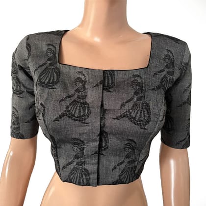 Jacquard Cotton Square neck Blouse wit Lining, Grey, BH1267-S
