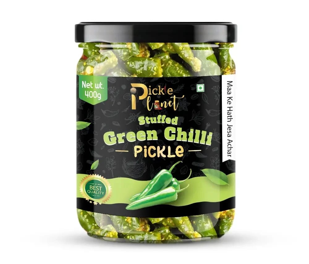 Pickle Planet Stuffed Green Chilli Pickle | Homemade Pickle | Authentic, Tangy & Delicious Taste | No Artificial Color and Flavors | Gluten Free |  (400g)