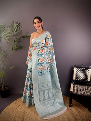 Grey Banarasi Silk Saree with Floral Motifs & Copper Border – Elora