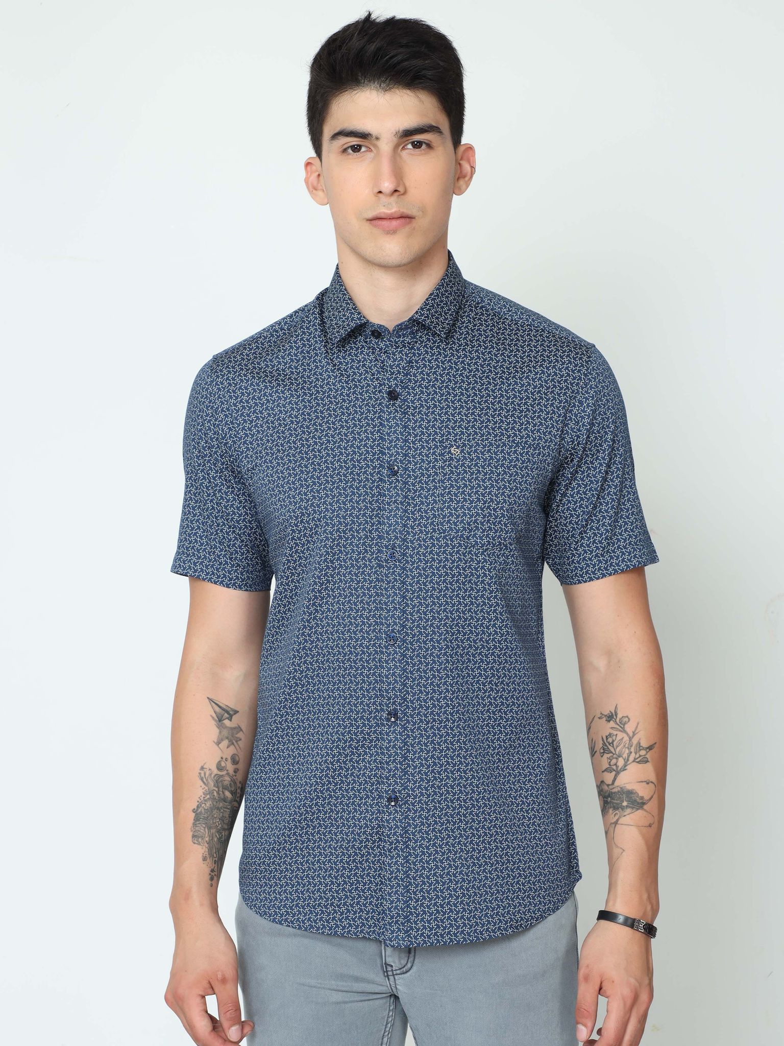 Classic Polo Mens Cotton Half Sleeve Printed Slim Fit Polo Neck Blue Color Casual Shirt | SO2-06 A-HS-PRT-SF