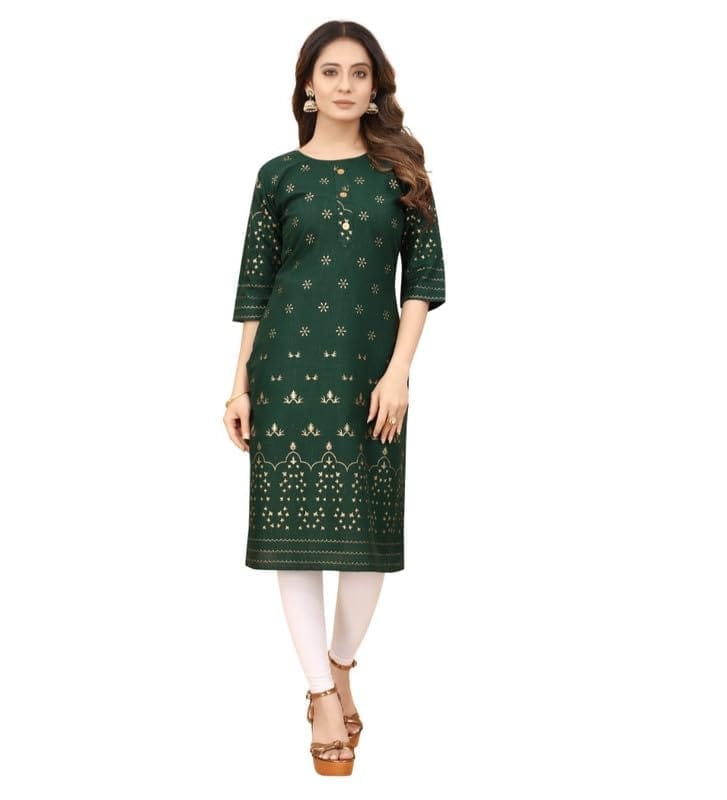 Women's Casual 3/4th Sleeve Foil Gold Printed Cotton Kurti (Green, XL)-PID46152