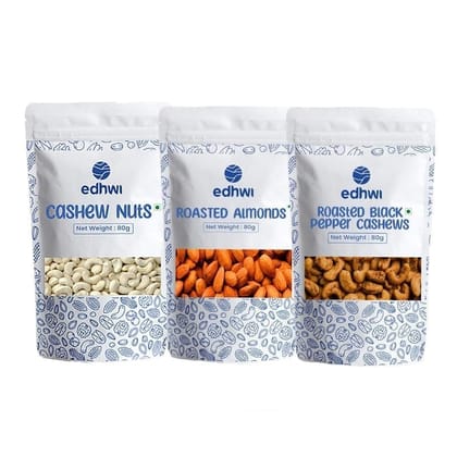 Edhwi Nuts Combo Pack Roasted Almond (80g), Pepper Cashew (80g), Plain Cashew Pack of 3 Edhwi Nuts Combo Pack Roasted Almond (80g), Pepper Cashew (80g), Plain Cashew Pack of 3