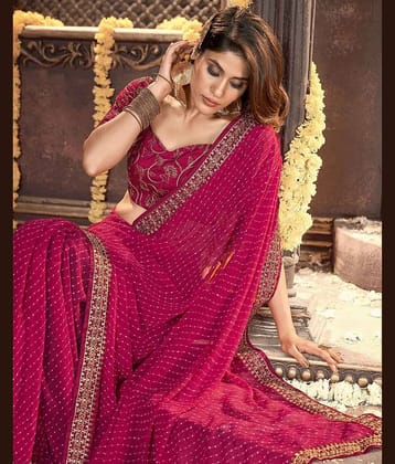 Nandini Creation Chiffon Embroidered Saree With Unstitched Blouse Piece ( Pink )