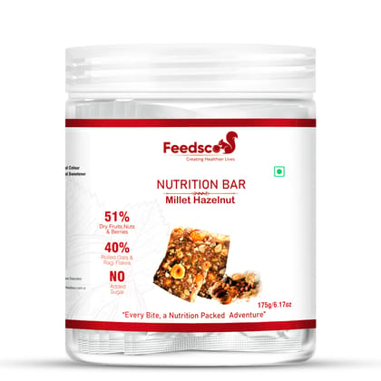 Feedsco Millet Nutri Bar Hazulnut- Energy Bar | Wholegrains and nuts | No added Sugar | No Preservatives | Hazelnut, Millets & Almond Nutrition Bar, 25 gm Each - Pack of 7