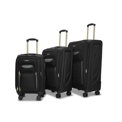 AMERICAN TRAVELLER Tourissem Bossed Trolley Bags Set of 3  Cabin, Medium, Large | Travel Suitcase Luggage | 18% Expandable | 360 Dual Disc Spinner Wheels | Lock & Telescopic Handle (3, Black)