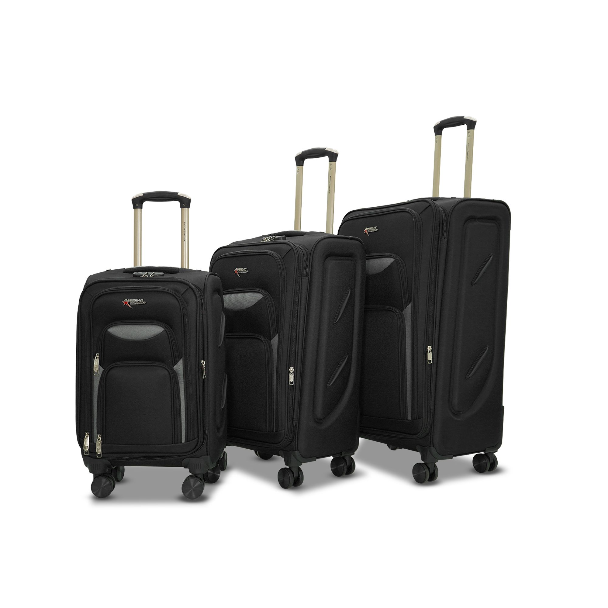 AMERICAN TRAVELLER Tourissem Bossed Trolley Bags Set of 3  Cabin, Medium, Large | Travel Suitcase Luggage | 18% Expandable | 360 Dual Disc Spinner Wheels | Lock & Telescopic Handle (3, Black)