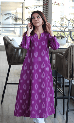 Cotton Raspberry Handloom Ikkat Kali Kurta-XXS