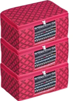Bindian Multipurpose Saree Cover for Wardrobe Storage | Premium Non-Woven Fabric Cloth Organizer Box with Transparent Window & Zipper | Ideal for Storing Sarees & More (Red Lining, Pack of 3)