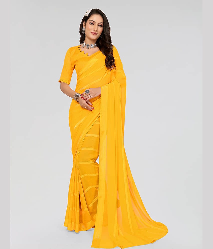 ANAND SAREES Georgette Striped Saree With Unstitched Blouse Piece ( Yellow )