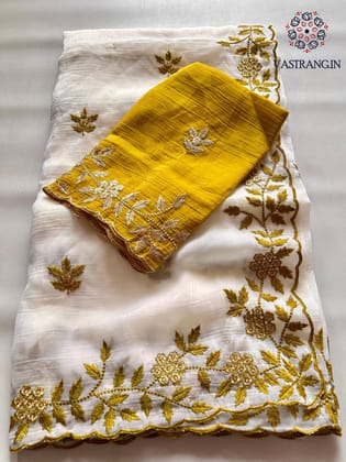 New Partywear Off White Color Crunchy Silk Embroidery Work Fancy Designer Saree With Blouse