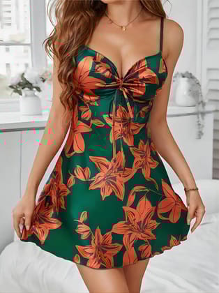 Floral printed Green & Orange Bow Cami Night Dress-S / Only Dress