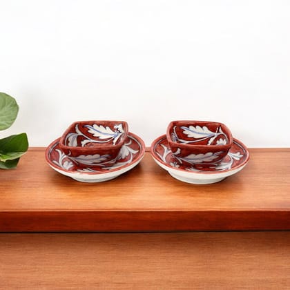 Set of 2 Handcrafted Jaipur Blue Pottery Bowls  Floral Round & Square Red Decorative Serveware