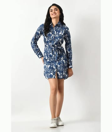 Lihana Women Crepe Printed Shirt Dress ( Blue )