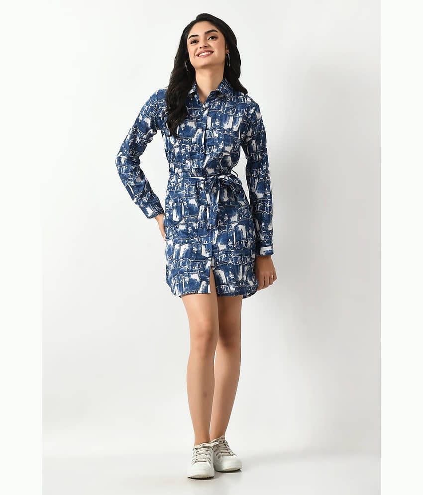 Lihana Women Crepe Printed Shirt Dress ( Blue )