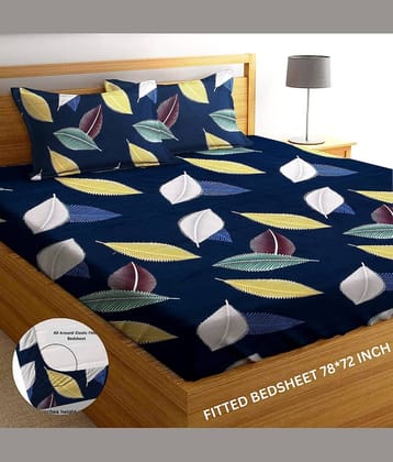 YKNIP Cotton Floral Fitted 1 Bedsheet with 2 Pillow Covers ( King Size ) - Navy Blue