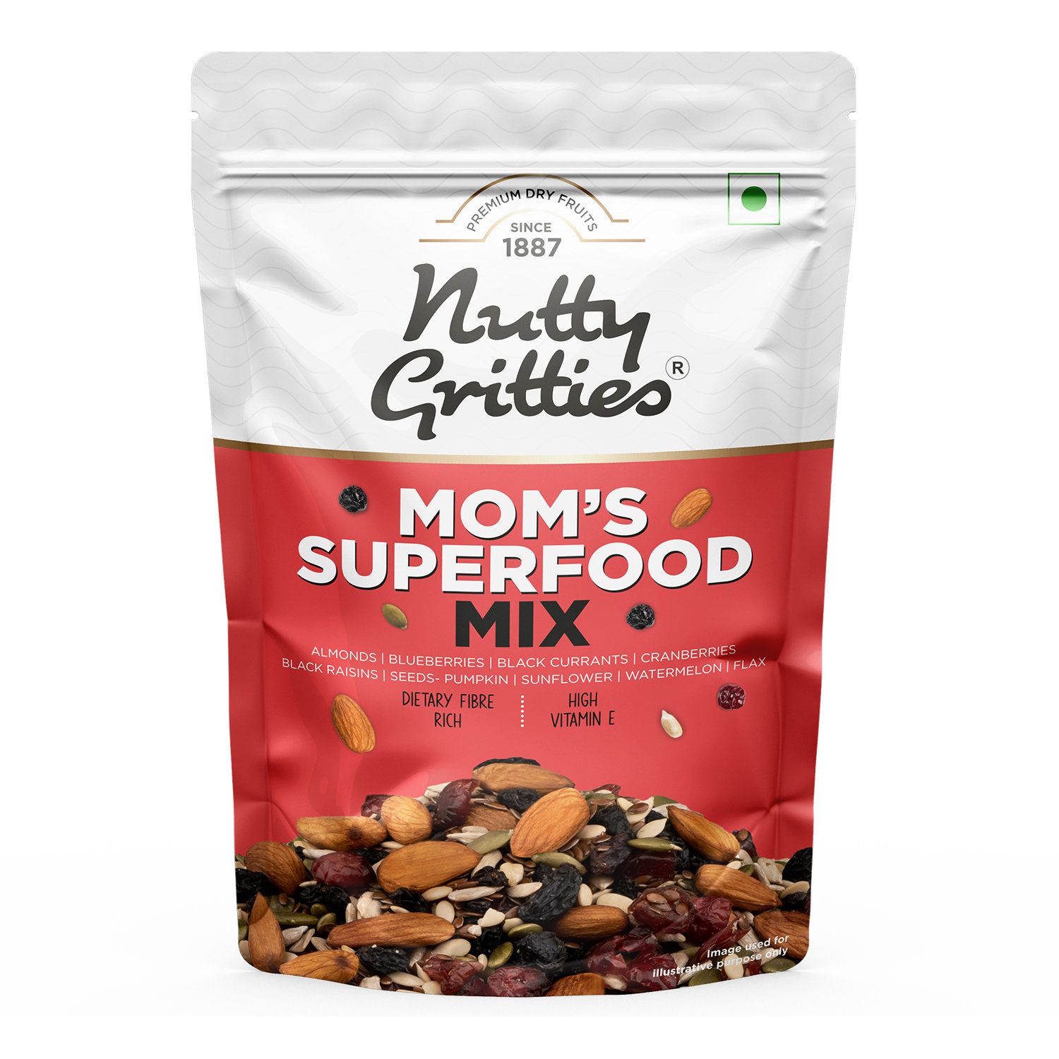Nutty Gritties Mixed Nuts Dry Fruits - Mom's Superfood Mix - Roasted Almond, Pumpkin, Sunflower, Watermelon, Flax, Raisins, Black Currant, Cranberries, Blueberries, 200 gm