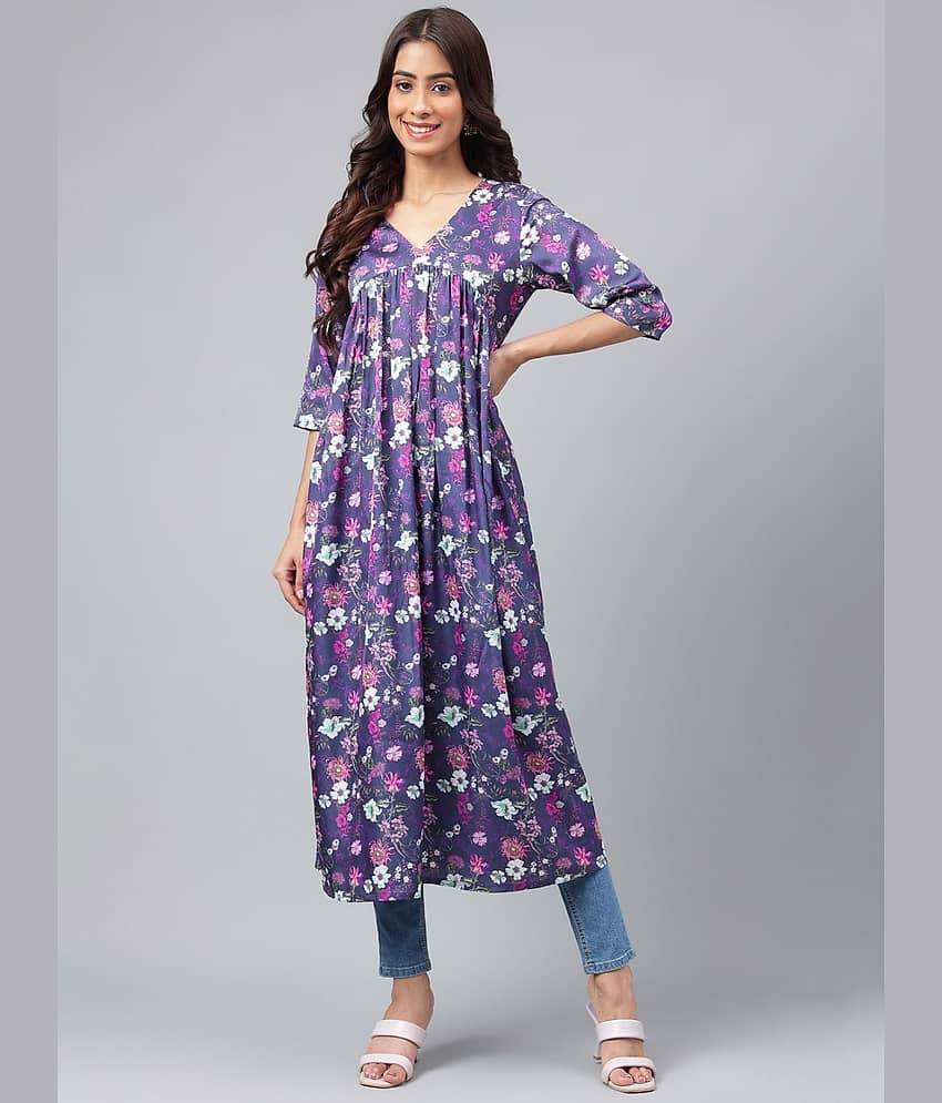 Janasya - Navy Blue Satin Women's Flared Kurti ( Pack of 1 )