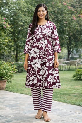 Purple Floral Cotton Kurti Pant Set for Women | V-Neck Printed Kurti with Striped Pants | Casual Daily Wear