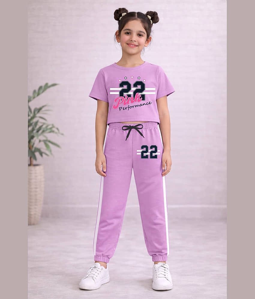 Trampoline Girls Cotton Blend T-shirt & Trackpants Set ( Purple , Pack of 1 )