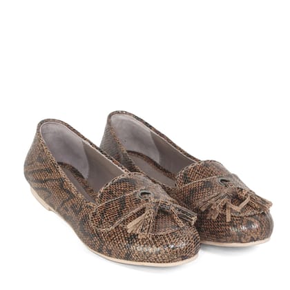 Round Toe Flat Sole Snake Print Leather Tassel Ballerinas-40/7