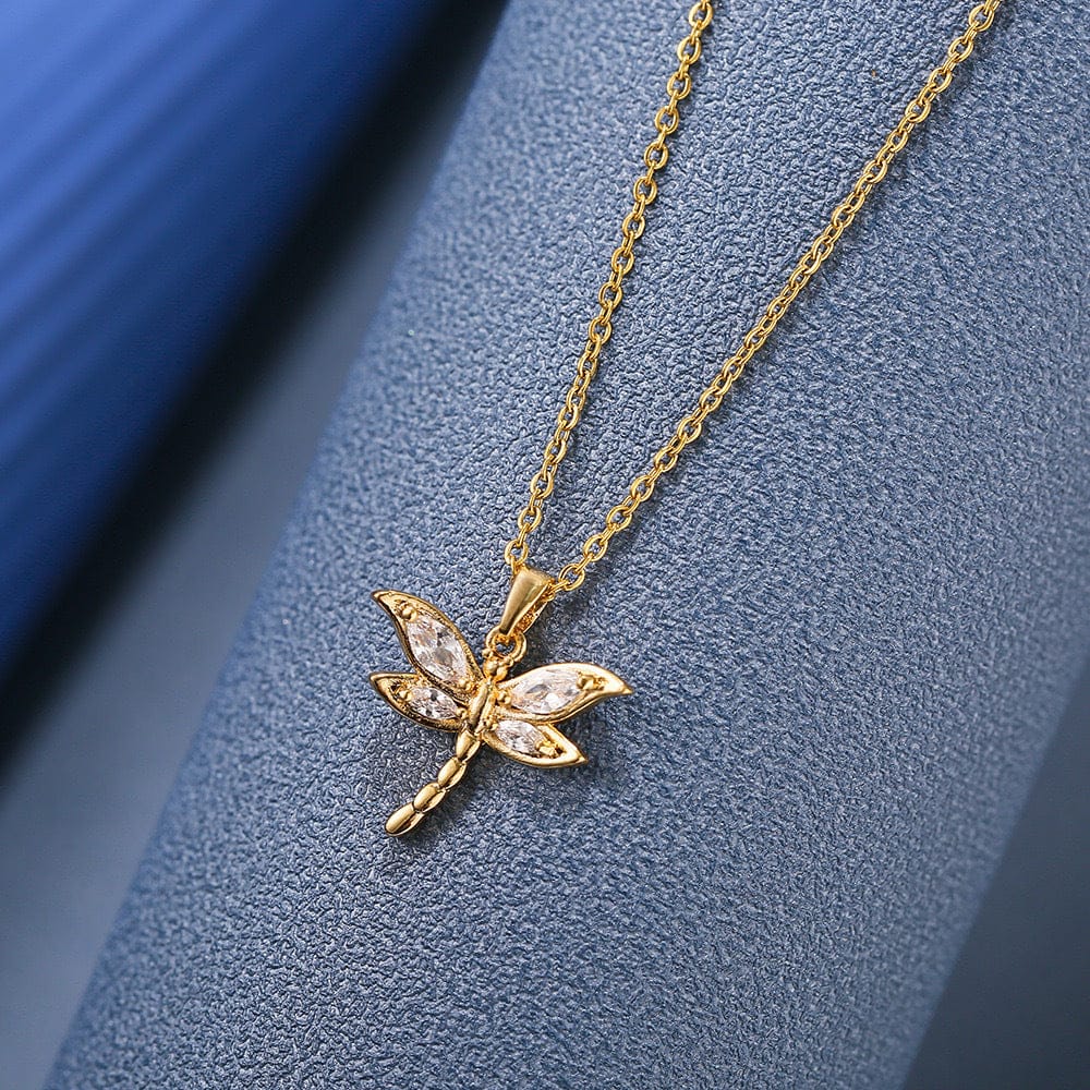 Dragonfly Cubic Zirconia 18K Gold Stainless Steel Anti Tarnish Necklace Pendant Chain For Women