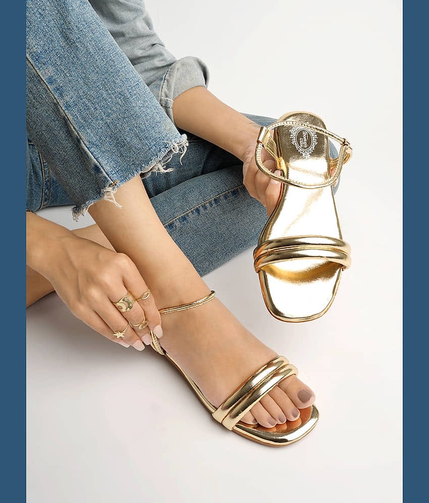 Shoetopia Embellished Backstrap Golden Flat Sandals For Girls