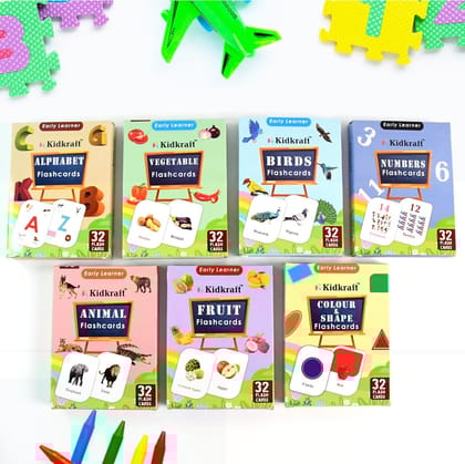 Early Learner Educational Flashcards Set, 7 Topics, 32 Cards Each, Alphabet Numbers Animals Birds Fruits Vegetables Shapes