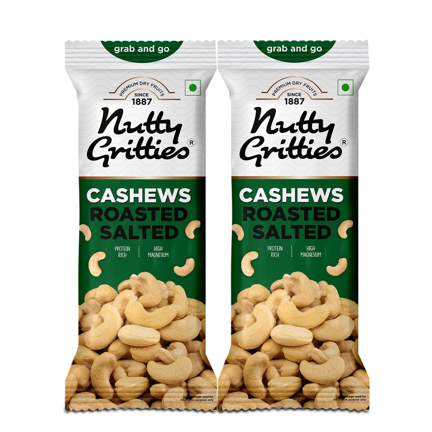 Nutty Gritties Grab and Go Premium Jumbo Size Cashews, Roasted & Lightly Salted | W240 | ⁠Zero Breakage, 40 gm - Pack of 2