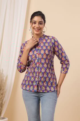 Ulfat Roshanara Blue Printed Top-S / Blue / Blue