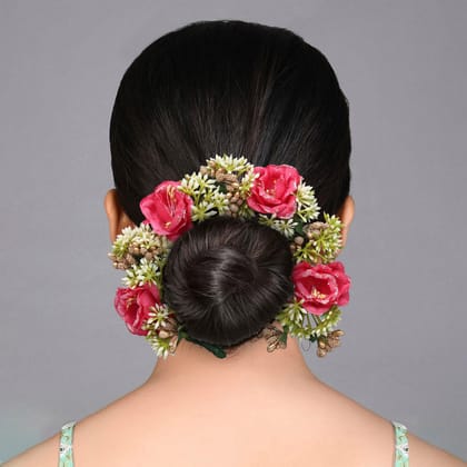 Dark Pink Color Rose Flower Gajra For Women Hair Pin (HRP232DPNK)-Length: 23.00 CM x Width: 4.50 CM / Gold / Alloy