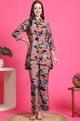 Black Color Floral Printed Chanderi Premium Co-Ords Set-S
