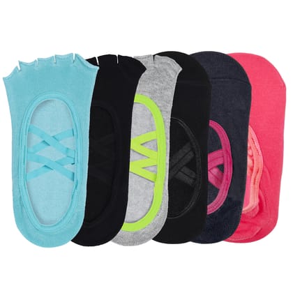 Set of 6 socks - 3 Open Toe & 3 Pilates Anti Skid Grip Socks - Light Blue, Black, Grey & Neon Green, Black, Grey, Peach