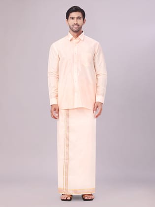 Men's Art Silk Light Peach Full Sleeves Shirt with Copper Jari Border Dhoti Combo Finesse-36 / F/S / Light Peach