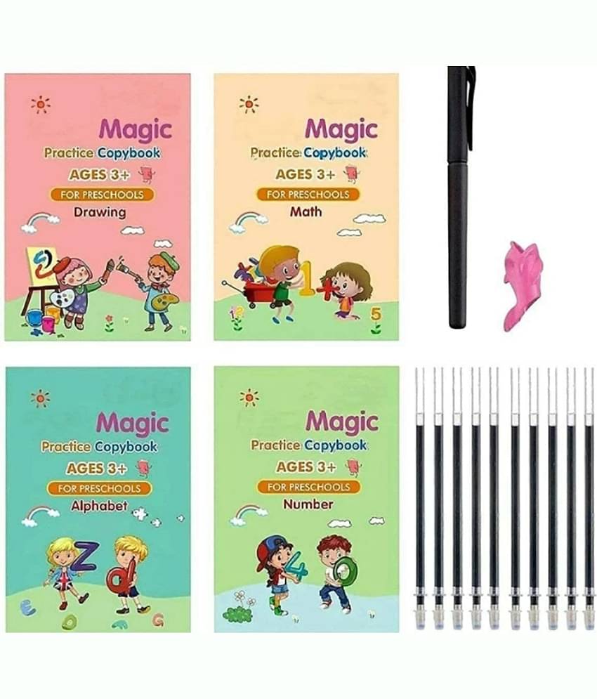 Magic Practice Copybook - (1 Pen + 1 Grip + 4 BOOKS + 10 REFILL) Number Tracing Book - Writing Book