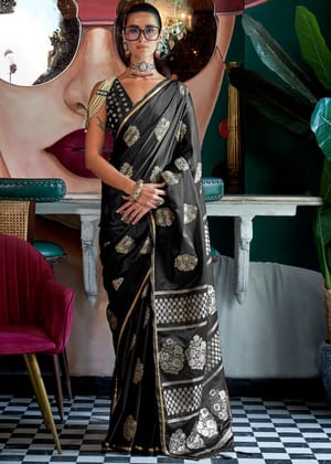 Beautiful Black Woven Banarasi Satin Silk Saree