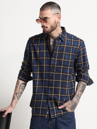 Indigo Dyed Premium Men Shirt, Regular Fit, Pure Cotton, Yellow-Navy-S
