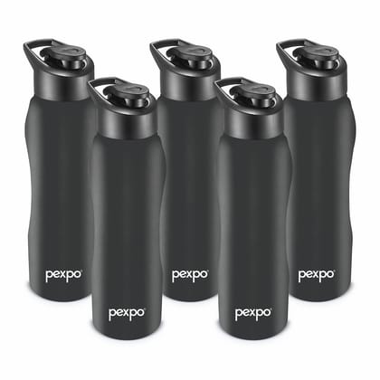 PEXPO Stainless Steel Sports/Fridge Water Bottle, 1000 ml, Pack Of 5, Knight Black, Bistro | Wide Mouth & Leak-Proof Water Bottle