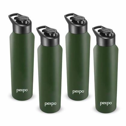 PEXPO Stainless Steel Sports/Fridge Water Bottle, 1000 ml, Pack Of 4, Military Green, Chromo | Wide Mouth & Leak-Proof Water Bottle
