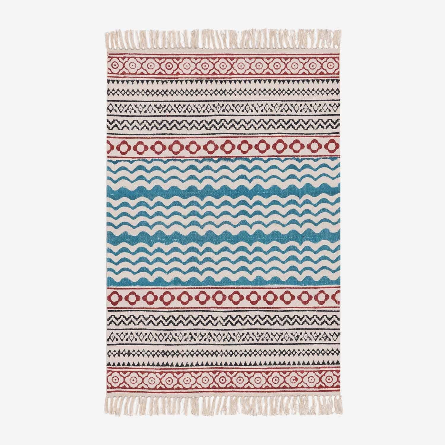 Handwoven & Hand Block Printed Cotton Rug - Blue/White - 2x3-White / Blue / 100% Cotton / 24 Inches x 36 Inches / 2ftx3ft