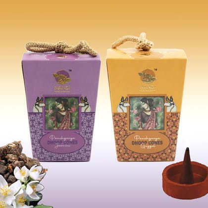 Nandi Panchgavya 100 Percent Cow Dung Jasmine & Guggal Dhoop Cones (100 Pcs) with Stand