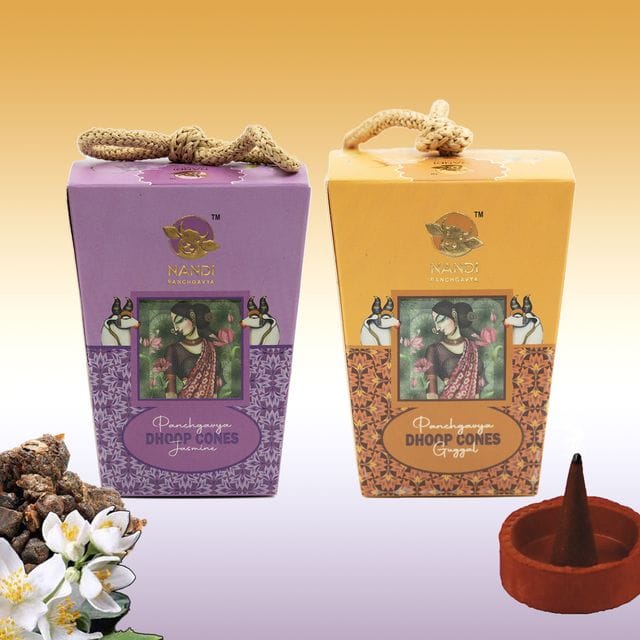 Nandi Panchgavya 100 Percent Cow Dung Jasmine & Guggal Dhoop Cones (100 Pcs) with Stand