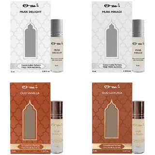 Ossa Musk Delight Mirage, Oud Vanilla Luxuria Unisex Concentrated Perfums Alcohol Free Attar Combo (Pack of 4) Ossa Musk Delight Mirage, Oud Vanilla Luxuria Unisex Concentrated Perfums Alcohol Free Attar Combo (Pack of 4)