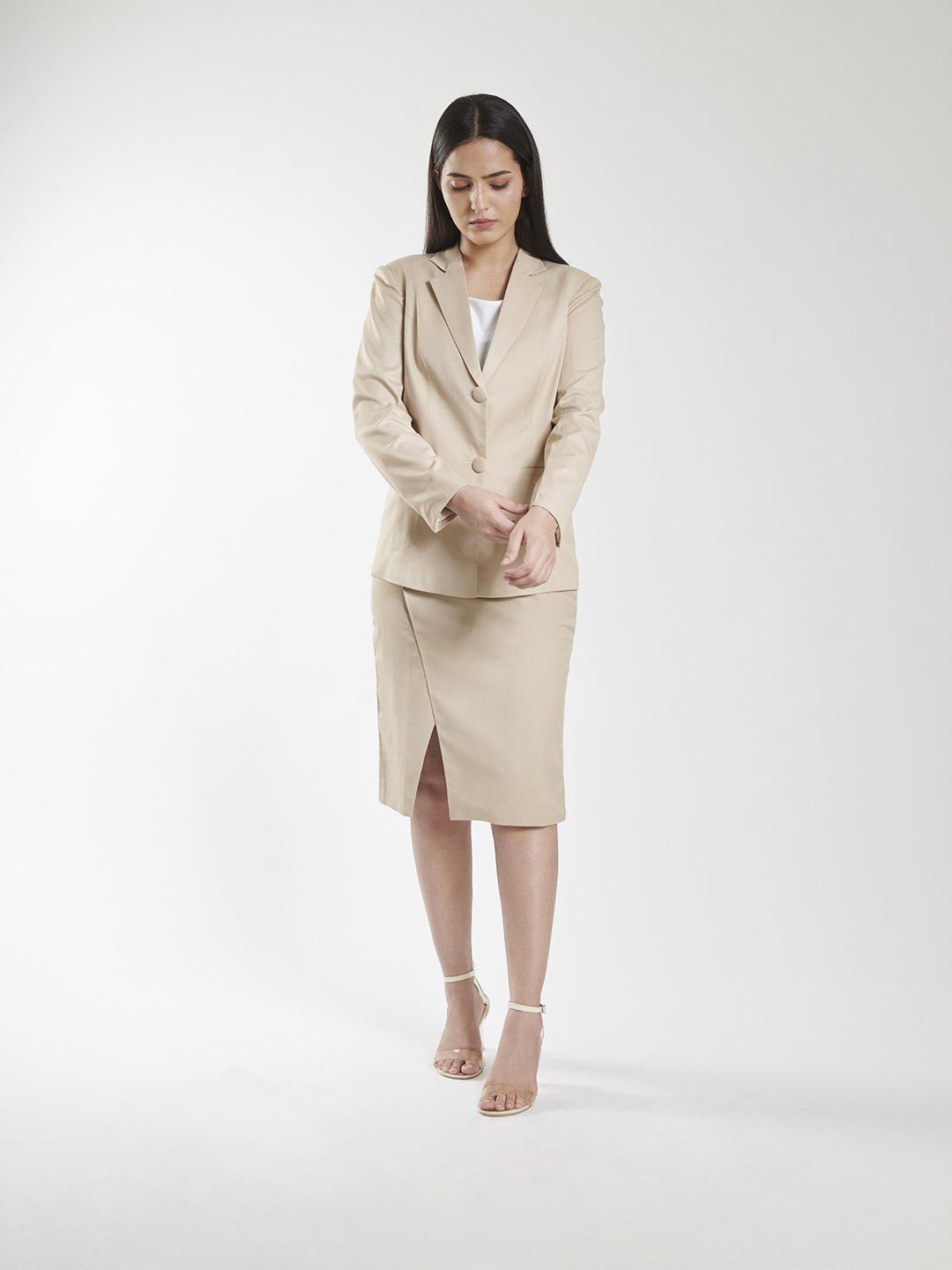 Poly Cotton Skirt Suit - Beige-XS