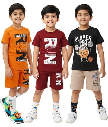 GTwo Boys Cotton Blend T-Shirt & Shorts Set ( Maroon , Pack of 3 )