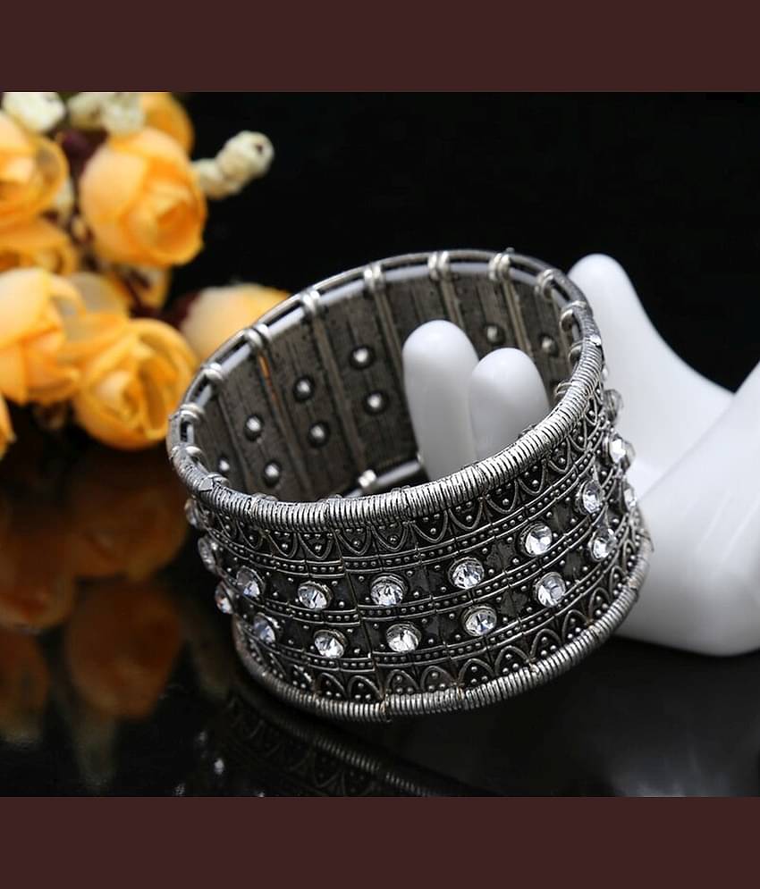 The Jewelbox® Tribal Tibetan Afghani Bohemian Oxidised German Silver Free Size Stretchable Bangle Bracelet Women