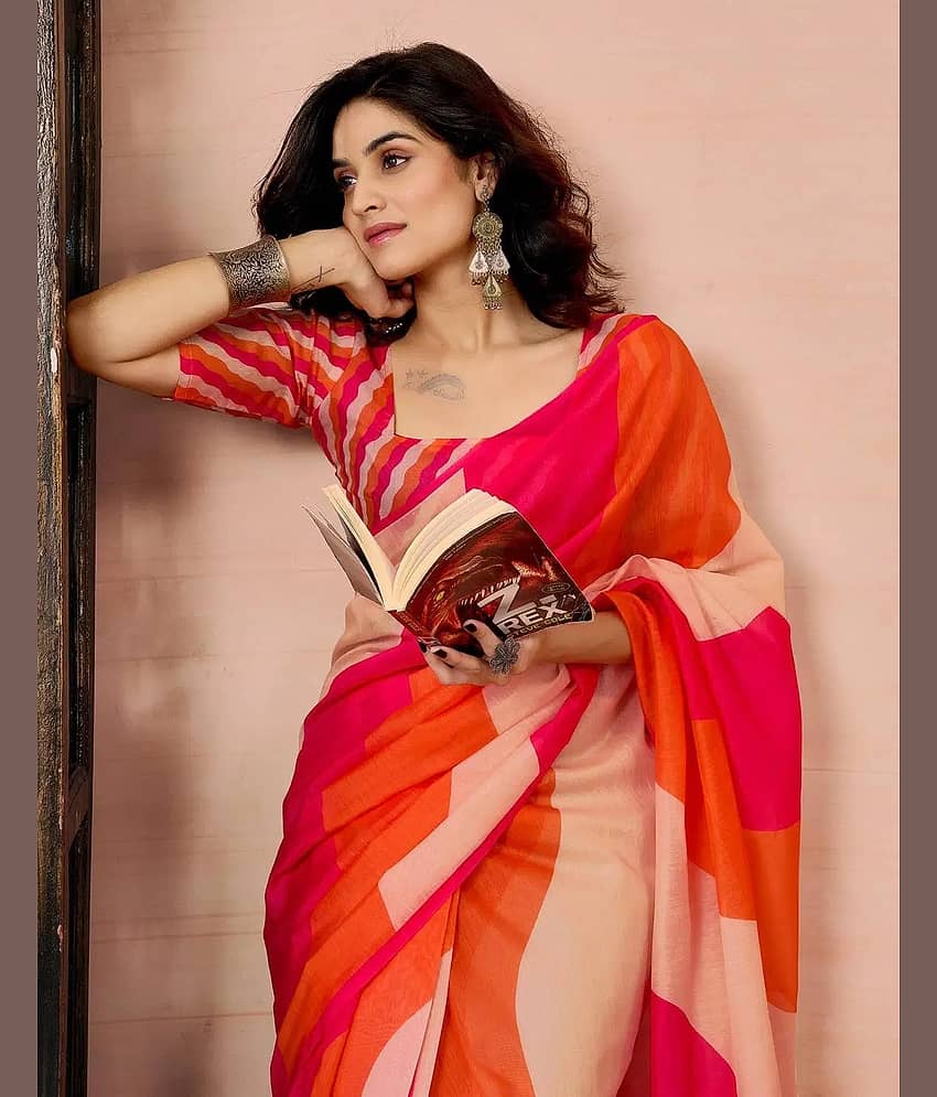 Today Deal Linen Printed Regular Saree With Unstitched Blouse Piece ( Multicolor )