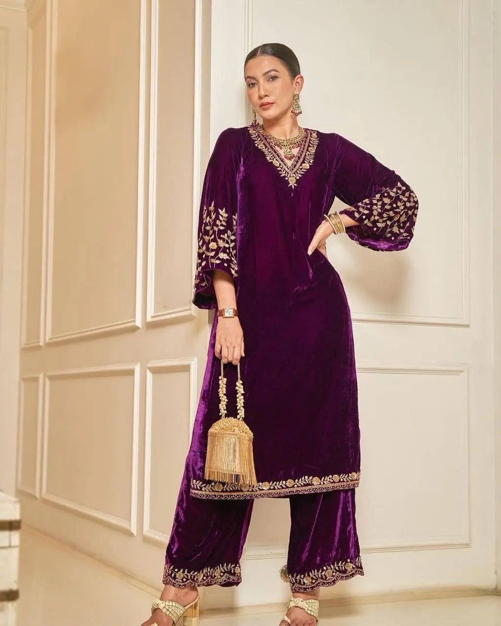Lace work Velvet Kurti Pant Set ( Stitched)-Free Size (Alters 38-44) / Wine