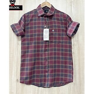 Fashlook Checkered Curved Collar Regular Fit Cotton Blend Casual Maroon Shirt For Mens