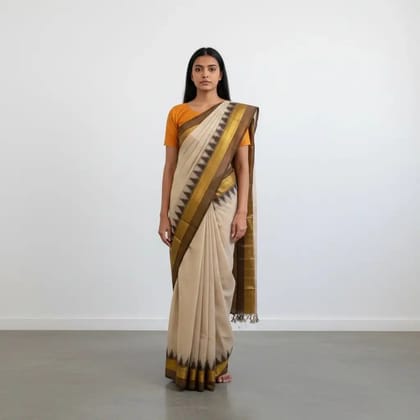 Cream Handloom Cotton Kanchipuram Saree with Golden Temple Border